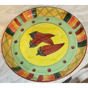 Festive Colorful Round Ceramic Serving Platter & Bowl Chips Salsa Peppers‎